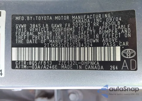 2005 Toyota Matrix Xr z USA, uszkodzony, nr VIN 2T1KR32E65C384324